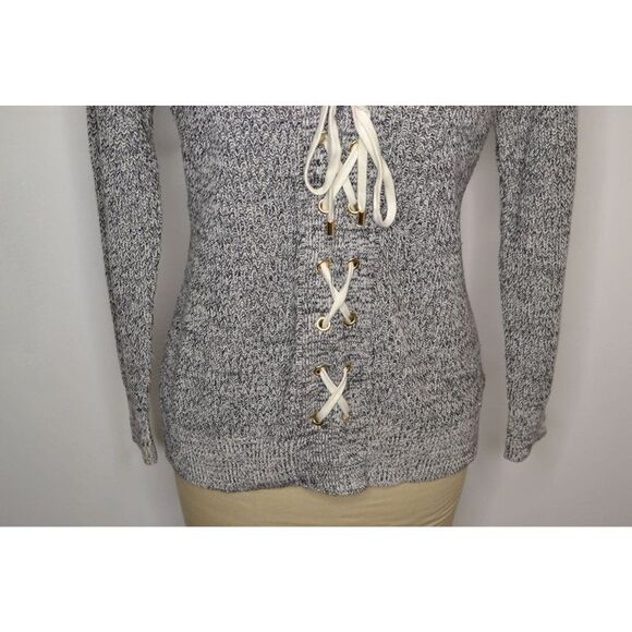 Guess Women's Large Grey V Neck Long Sleeve Lace Up Sweater - Picture 3 of 12